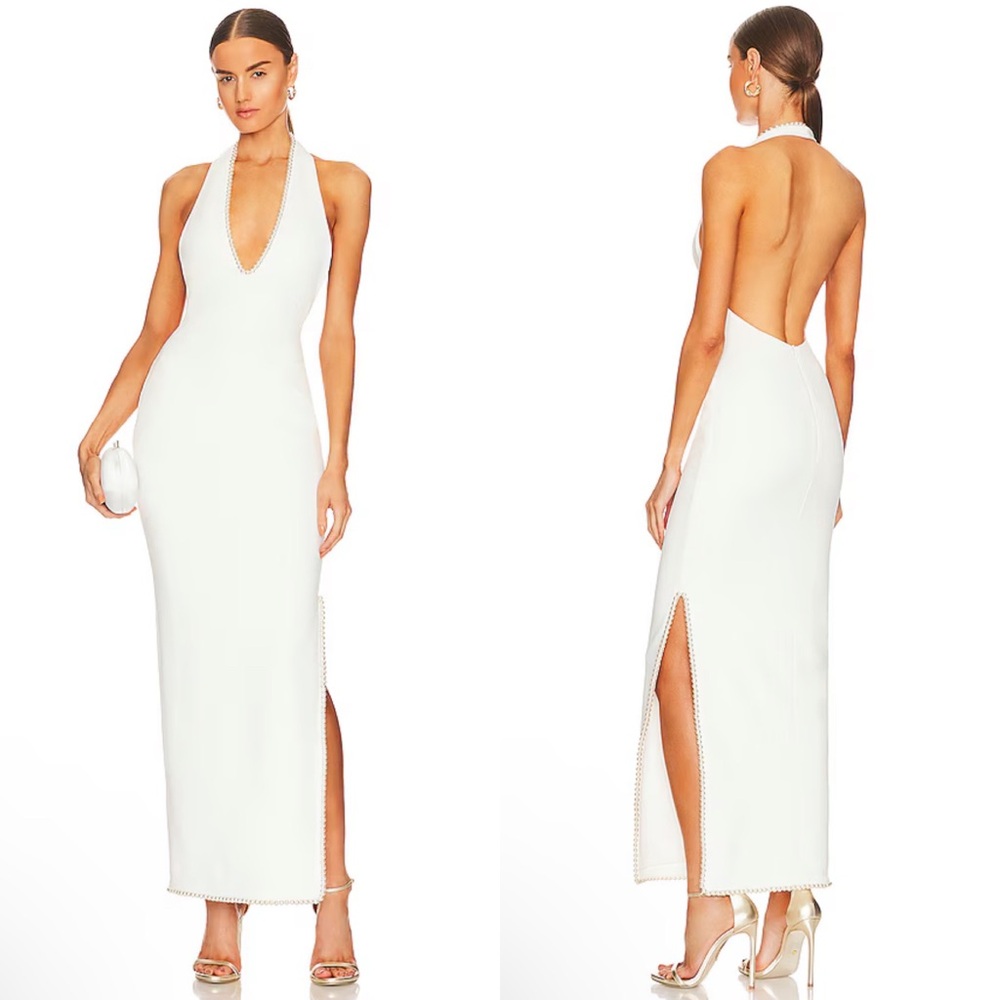 White Halter Maxi Dress with Beaded Trim